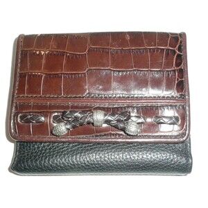 Brighton Brown Croc-Grain & Black Pebbled Bi-Fold Leather Wallet w/Silver Accent
